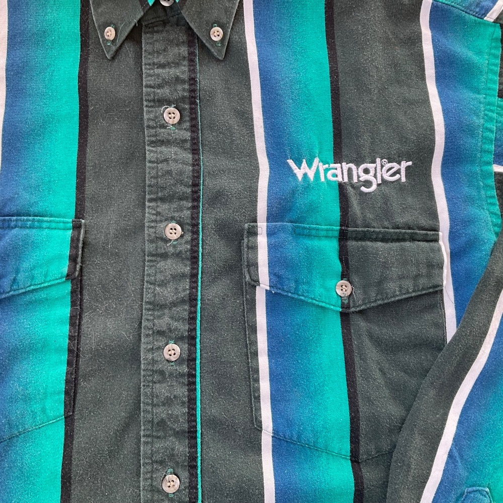 VINTAGE MENS 90s WRANGLER BRUSHPOPPER STRIPED LONG SLEEVE WESTERN COWBOY SHIRT - Picture 2 of 9